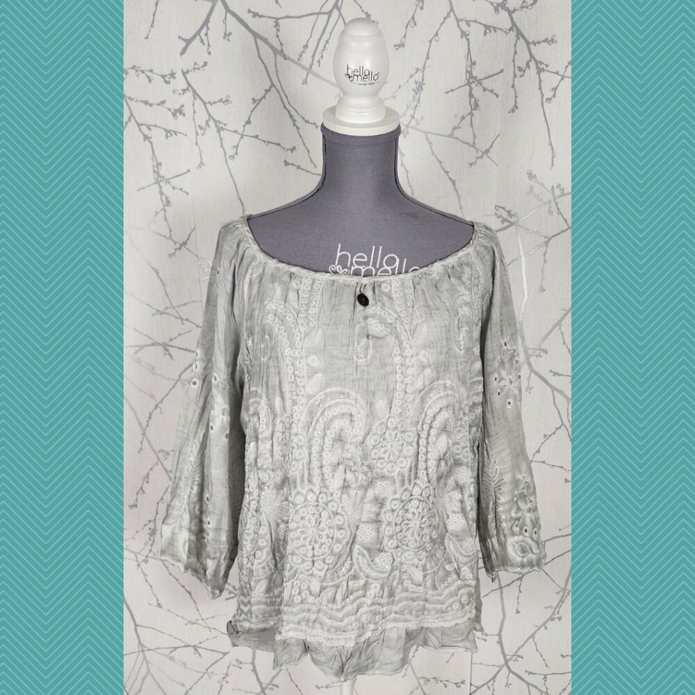 Simply Couture Paisley Embroidered Lace Olverlay Elastic Neck Top